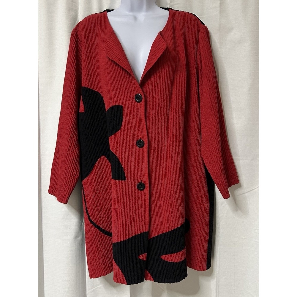 Berek Textured Flower Jacket Womens Red Black Long Cardigan L